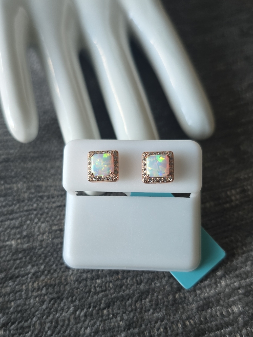 925 Sterling Silver~Opal Square Halo Stud Earrings in Rose Gold